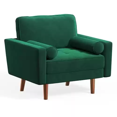 Vesgantti Green Velvet Accent Chair, Mid Century Modern Living Room Chairs, Button Tufted Arm Chairs with 2 Pillows, Comfy Sofa Chairs for Bedroom, Office