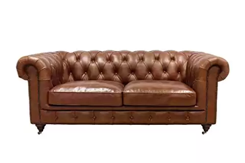 Pasargad Home Paris Club Collection Loveseat, Top Grain Leather Tufted Chesterfield Loveseat for Living Room, Bedroom - Brown