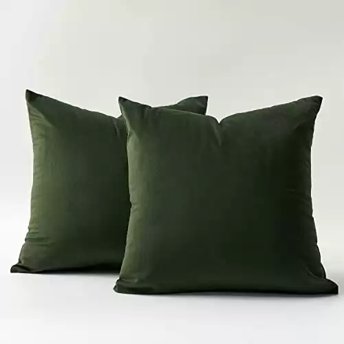 DOMVITUS Velvet Throw Pillow Covers 18×18 Set of 2 Decorative Pillows for Bed Square Couch Pillows for Living Room Soft Accent Pillows Luxury Cushion Case for Sofa, Army Green