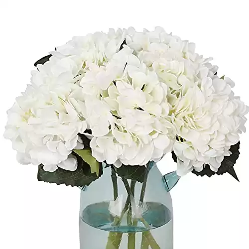 Tifuly 5PCS White Hydrangea Artificial Flowers 18.5In Realistic Single Long Stem Faux Silk Hydrangea Bouquets for Party Wedding Centerpieces Home Office Decor