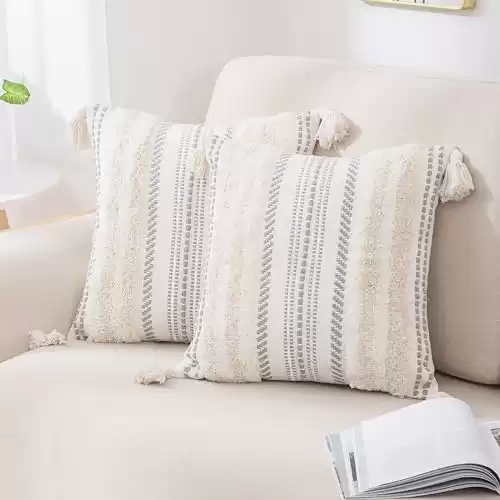 decorUhome Decorative Boho Throw Pillow Covers 18 18 Set of 2, Accent Neutral Tufted Pillow Covers for Couch Bed Sofa Living Room, Textured Striped Woven Pillow Covers, Beige and Cream White