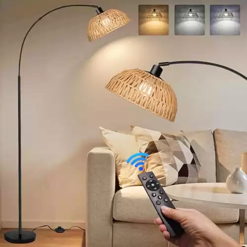 Arc Floor Lamp for Living Room,Black Standing Rattan Floor Lamp with Remote Control Dimmable,71" Tall Boho Farmhouse Adjustable Over Couch Lamp for Bedroom Office
