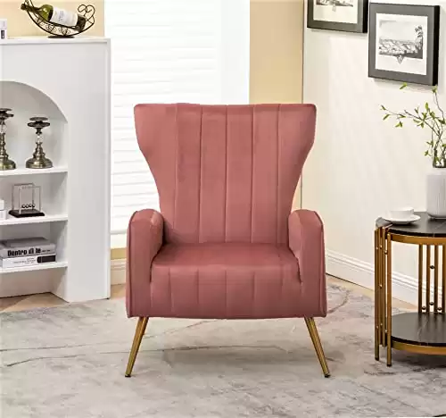 Container Furniture Direct Armchair Modern Velvet Accent Chair, Channel Tufted Bedroom, Office or Living Room Furniture with Elegant Metal Legs, Rose