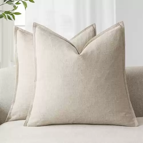 Foindtower Pack of 2, Decorative Linen Soild Throw Pillow Covers Soft Accent Cushion Case Boho Farmhouse Neutral Pillowcase for Couch Sofa Bedroom Living Room Home Decor 18 x 18 Inch Natural Beige