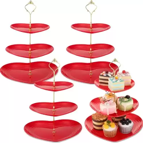 Layhit 4 Pack Valentine's Day 3 Tier Cupcake Stand Heart Shaped 3 Tiered Serving Trays for Party Plastic 3 Tiered Tray Stand Dessert Cupcake Stand for Tea Party Baby Shower Wedding (Red)