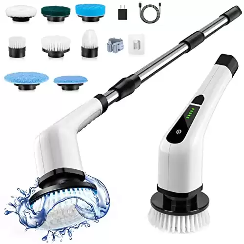 Cordless Electric Spin Scrubber,Cleaning Brush Scrubber for Home, 400RPM/Mins-8 Replaceable Brush Heads-90Mins Work Time,3 Adjustable Size,2 Adjustable Speeds for Bathroom Shower Bathtub Glass Car