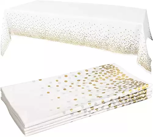 Prestee White/Gold Tablecloths, 4pk, 54 x108 Gold Dot Disposable Tablecloths Plastic Table Cloth Disposable White Tablecloths Party, Wedding, Baptism Decor...