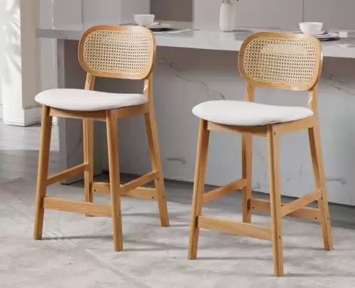 EALSON Counter Height Bar Stools Set of 2 Rattan Back Farmhouse Barstools Mid Century Modern Wood Bar Chairs Comfortable Linen Upholstered Kitchen Island Chairs for Pub/Breakfast Bar, Beige