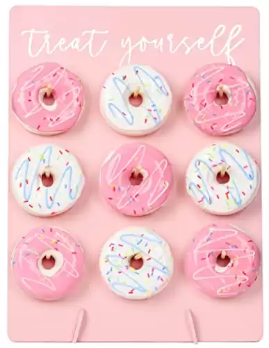 Donut Wall Display Stand Reusable Donut Holder Board Rustic Wood Doughnut Food Buffet Display for Wedding, Baby Shower, Bridal Shower, Birthday Party Treat Yourself Fits 9 Donuts (Pink)