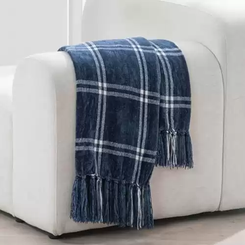 EVERGRACE Plaid Chenille Throw Blanket for Couch, Super Soft Cozy Decorative Windowpane Grid Plaid Throw with Tassels, Lightweight Chenille Knit Throw for Bed Sofa Gift, Navy & White 50”x60”