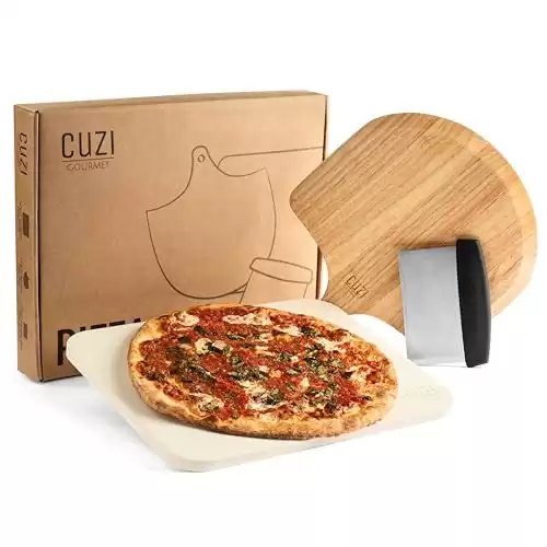 Cuzi Gourmet 3-Piece Pizza Stone Set – 15×12″ Thermal Shock Resistant Cordierite Pizza Stone, 15×12″ Natural Wood Pizza Peel & Pizza Cutter – Pizza Stone for Gril...