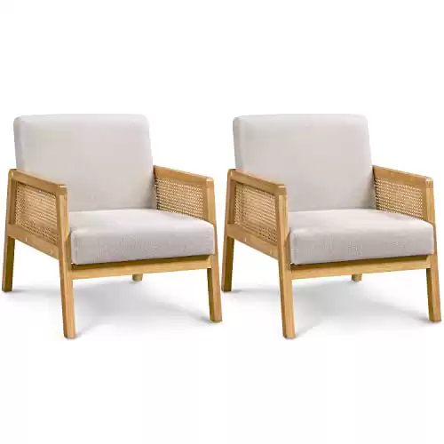 Yaheetech Rattan Accent Chair, Armchair with Wood Armrest and Wood Legs, Mid Century Modern Living Room Chair Linen Comfy Lounge Chair for Bedroom Hosting Room Reading Room, Set of 2, Beige