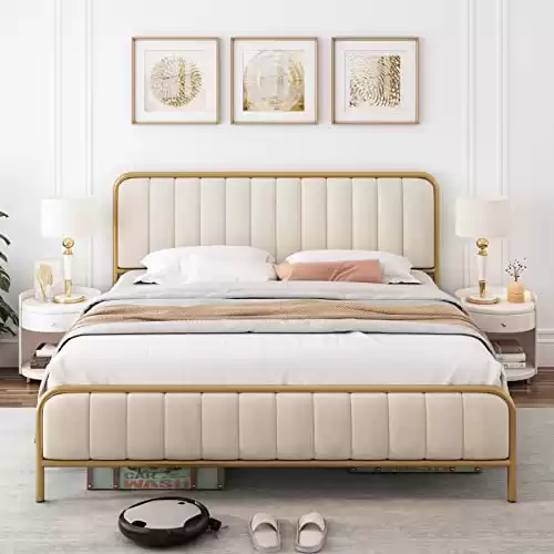 HITHOS King Size Bed Frame, Upholstered Bed Frame with Button Tufted Headboard, Heavy Duty Metal Mattress Foundation with Wooden Slats, Easy Assembly, No Box Spring Needed (Golden/Off White)