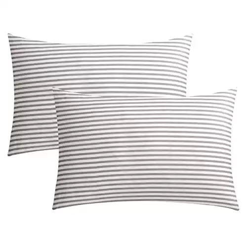 JELLYMONI 100% Natural Cotton Striped Standard Pillowcases Set, 2 Pack White and Grey Stripes Pattern Printed Pillow Covers with Envelope Closure(Pillows are not Included)