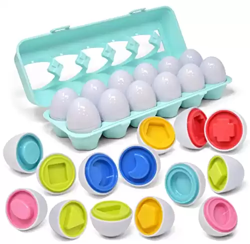 Matching Egg Toy for Toddler Montessori Geometric Shape Sorting Easter Eggs in Egg Carton Early Development Educational Learning Matching & Sorter Toy for Baby Kids 2 3 4 5 6