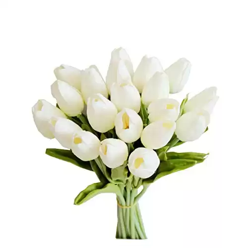 Mandy’s 20pcs White Flowers Artificial Tulip Silk Flowers 13.5″ for Valentine’s Day Gifts in Bulk Home Kitchen Wedding Decorations