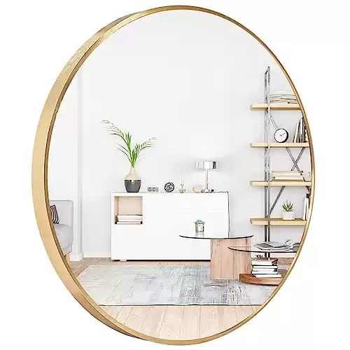 Amgngala Gold Round Mirror 24 Inch, Circle Mirrors with Hooks and Metal Framed, Round Wall Mirror for Bathroom, Bedroom, Entryway, Living Room, Vanity Room and Modern Decor