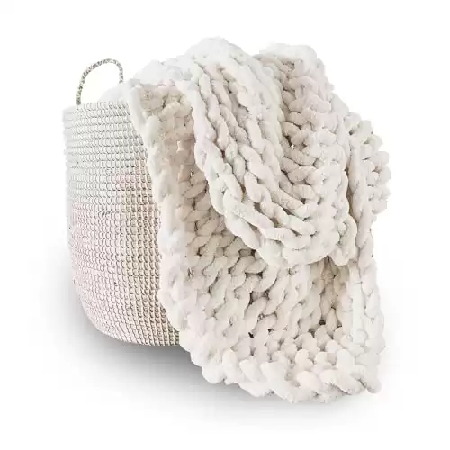 Adyrescia Chunky Knit Blanket Throw | 100% Hand Knit with Jumbo Chenille Yarn (50″x60″, Cream White)