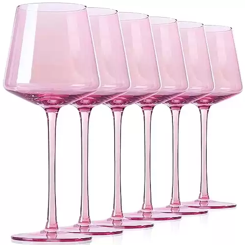 Physkoa Pink Wine Glass Set of 6,15Ounce Crystal Glass Pink Wine Glass with Long Stem and Thin Rim-Pink Party Decoration