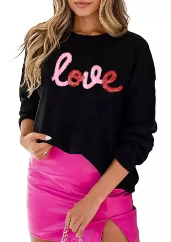 LEMAFER Women's 2024 Valentines Day Sweater Hoodie Black Glitter Love Round Neck Casual Solid Long Sleeve Sweatshirt Pullover Tops