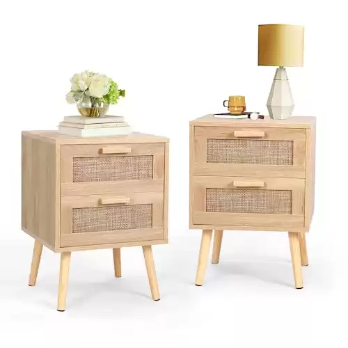 TUSY 2PCS Rattan Nightstand, End Table with 2 Drawers and Solid Wood Legs, Side Table with Storage for Bedroom, Easy Assembly Night Stand for Kids Room