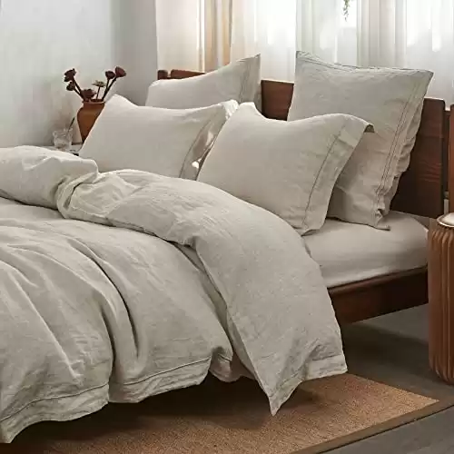 Simple&Opulence 100% Linen Duvet Cover Set with Embroidery Border Washed – 3 Pieces (1 Duvet Cover with 2 Pillow Shams) with Button Closure Soft Breathable Farmhouse – Linen, Queen Si...