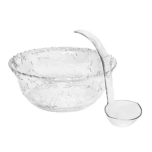 Heavyweight Plastic Punch Bowl with Ladle | 8 Quart Clear 2 Gallon Punch Plastic Bowls | Punch Set of Bowl and 5 oz. Ladle | Embroidered Punch Bowl with Serving Ladle for Parties