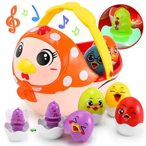 LinseyFun Baby Easter Egg Toy Basket, 6PCS Matching Eggs, Easter Musical Eggs for Babies Toddlers, Easter Basket Ideas for 1 2 3 4 5 Year Old Boys & Girls 