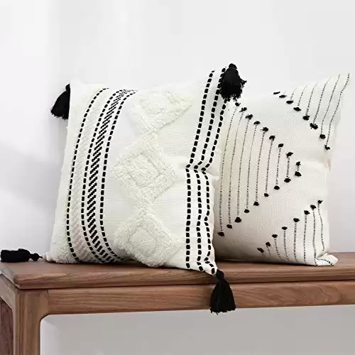 blue page Boho Throw Pillow Covers, Black and Cream White, Set of 2 Modern Farmhouse Accent Home Decor, Neutral Woven Decorative Pillow Covers for Couch/Bed (18 x 18 Inches, Ivory/Black)