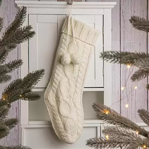 glitzhome 24″ L White Knitted Polyester Christmas Stocking with Pom Pom Ball Oversize Christmas Stocking for Christmas Party Home Decoration