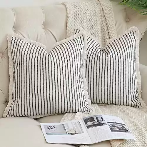 Hckot Throw Pillow Covers 18x18 Set of 2 Striped Pillow Covers with Fringe Chic Cotton Decorative Pillows Square Cushion Covers for Sofa Couch Bed Living Room Farmhouse Decor,Navy Blue