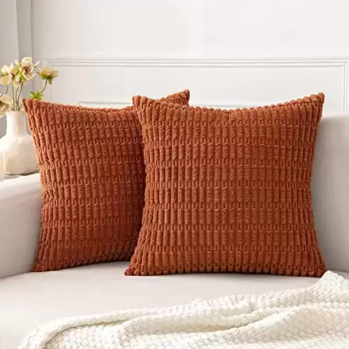 MIULEE Pack of 2 Corduroy Decorative Throw Pillow Covers 18×18 Inch Soft Boho Striped Pillow Covers Modern Farmhouse Home Decor for Sofa Living Room Couch Bed Rust