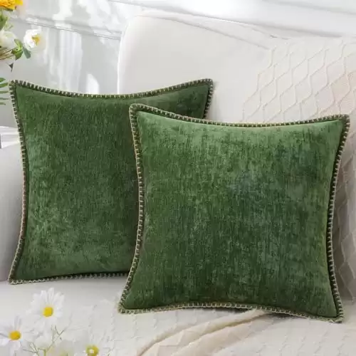 decorUhome Chenille Soft Throw Pillow Covers 18×18 Set of 2, Farmhouse Velvet Pillow Covers, Decorative Square Pillow Covers with Stitched Edge for Couch Sofa Bed, Forest Elf