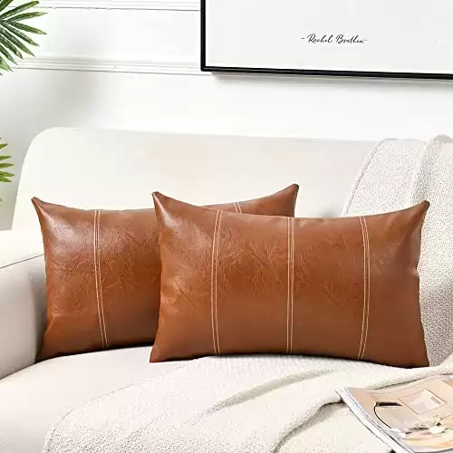 Fancy Homi 2 Packs Brown Boho Lumbar Faux Leather Decorative Throw Pillow Covers 12x20 Inch for Living Room Couch Bed Sofa, Hand Stitched Rectangle Cushion Case, Rustic Modern Farmhouse Home Decor