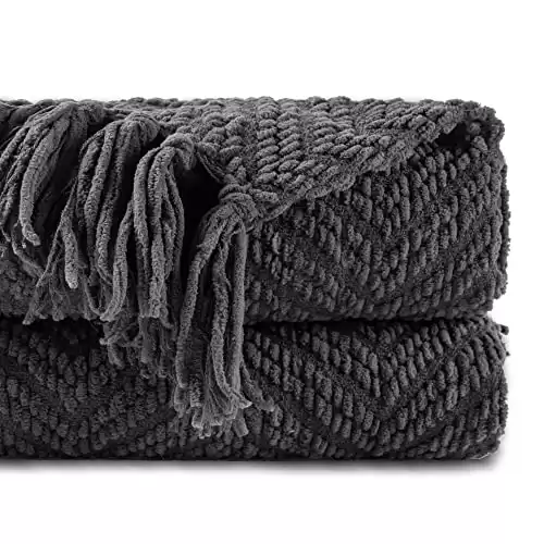 BATTILO HOME Dark Grey Throw Blanket for Couch, Knit Charcoal Throw Blanket Versatile for Chair, 50 x 60 Inch – Super Soft Warm Grey Blanket with Tassels for Bed, Sofa and Living Room