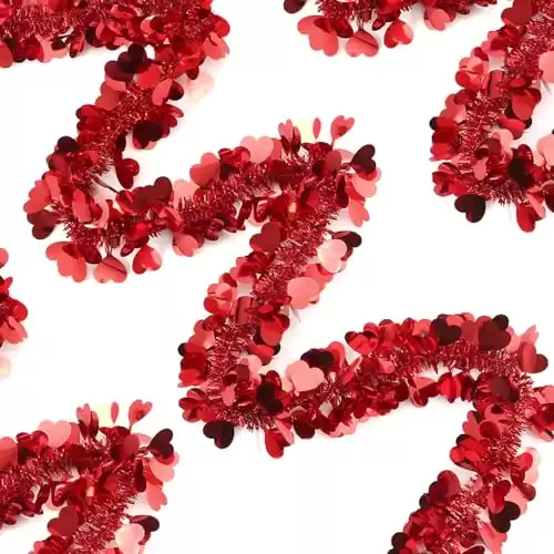 39.3 Feet Valentine s Day Heart Tinsel Garland Decorations, Red Heart Metallic Tinsel Garland Valentine's Day Shiny Garland Hanging Decorations for Valentine s Day Tree Indoor Outdoor Home Su...