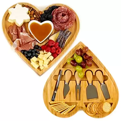 Heart Shaped Charcuterie Board Set - Bamboo Cheese Board and Knife Set - Cheese Tray for Serving at Parties - Housewarming, Wedding, Thanksgiving, Christmas, Anniversary, Valentine’s Gift