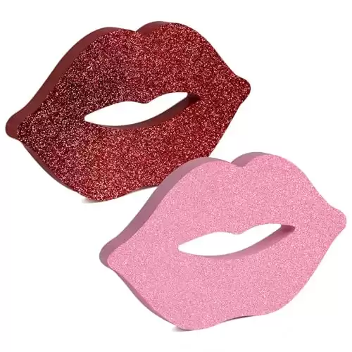 2 Pcs Valentine Day Lips Wooden Sign Wooden Glitter Lips Table Decoration Table Centerpieces Sign Love Lips Kiss Glitter Lip Shaped Decoration for Wedding Engagement Party