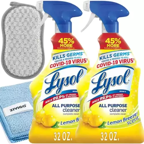 2 Lysol All-Purpose Cleaner, Sanitizing and Disinfecting Spray, To Clean and Deodorize, Lemon Breeze Scent, 32oz Bundled with MICROFIBER CLEANING CLOTH + SCRUBBING SPONGE