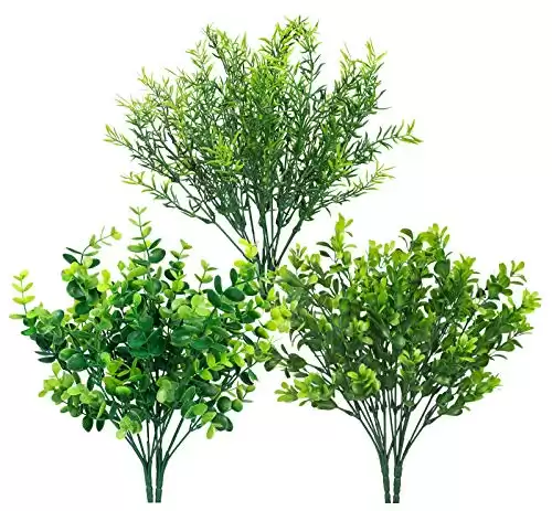 6 Bundles Artificial Greenery Stems Mixed Fake Plants Eucalyptus Rosemary Magnolia Stems Faux Plastic Artificial Plants for Outdoor Indoor Garden Home Window Box Decor