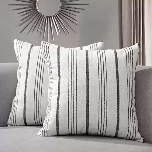 Sunlit Decorative Farmhouse Throw Pillow Case, Set of 2 Cream/Off-White with Black Stripes Modern Accent Square Pillow Cover, 18″ x 18″, Textured Linen Throw Cushion Covers for Couch Chair...