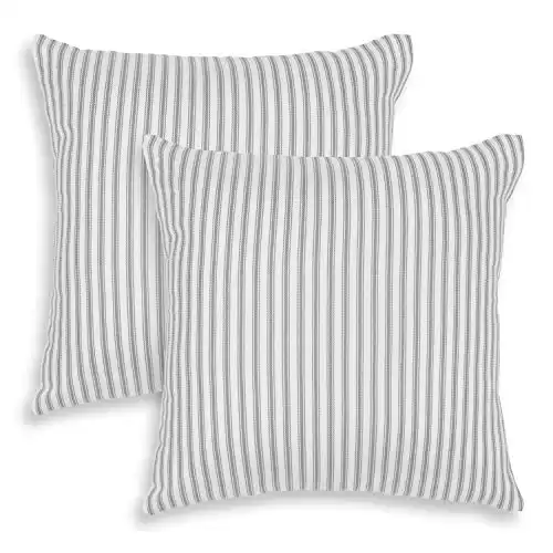 Cackleberry Home Alloy Gray and White Ticking Stripe Decorative Square Throw Pillow Case Covers Woven Cotton 18 x 18 Inches, Set of 2