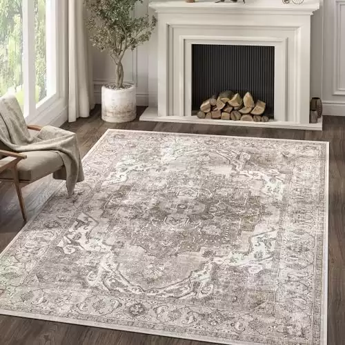 jinchan Area Rug 5x7 Washable Rug Vintage Rug Kitchen Floor Cover Traditional Rug Foldable Thin Rug Taupe Multi Distressed Floral Print Indoor Mat for Bathroom Bedroom Living Room Dining Room