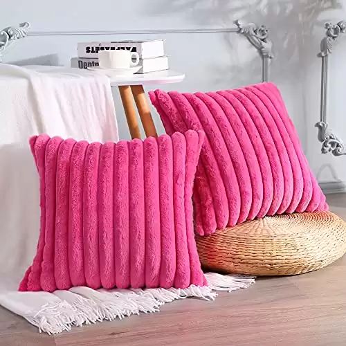 Soleebee Set of 2 Throw Pillow Covers Soft Cozy Velvet Pillowcase Faux Rabbit Fur Cover for Couch Sofa Bed Chair Home Decorative Pillows Cover (18 18 Inch, HOT Pink)