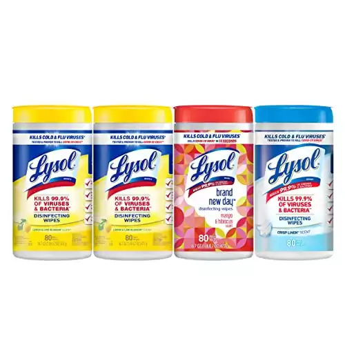 Lysol Disinfectant Wipes Bundle, Multi-Surface Antibacterial Cleaning Wipes, contains x2 Lemon & Lim Blossom, Crisp Linen, Mango & Hibiscus, 80 Count (Pack of 4)