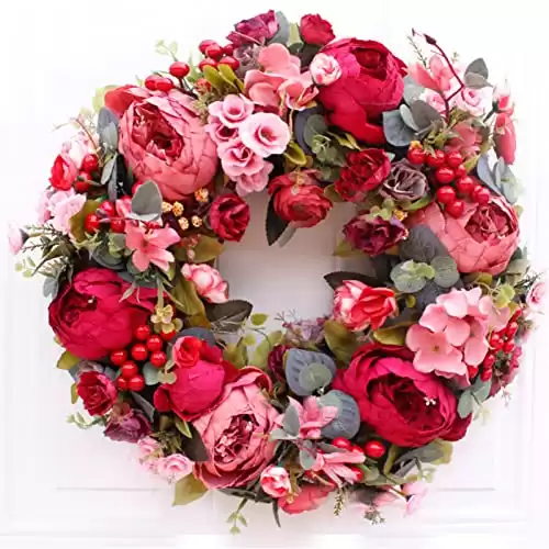 Artificial Peony Flower Wreath for Front Door 16inch Red Floral Welcome Wreath with Green Leaves Spring Summer Garland for Door Window Wedding Ceremony Wall Party Home Decor