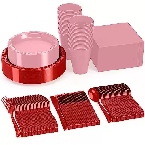 350 PCS Valentines Day Disposable Tableware Combo Pack INCLUDES: 50 9" Plastic dinner plates | 50 7" plastic appetizer plates |50 plastic cups | 50 napkins | 50 plastic cutlery spoons forks ...