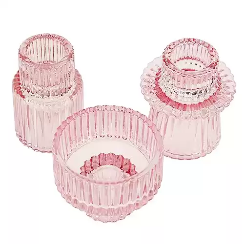 3 Pcs Taper Glass Candle Holder Tables Candlestick Holders for Wedding Decor, Coffee Table Decor, Candle Stick Candle Holder for Bathtub Tray (Pink, 3 Pcs)