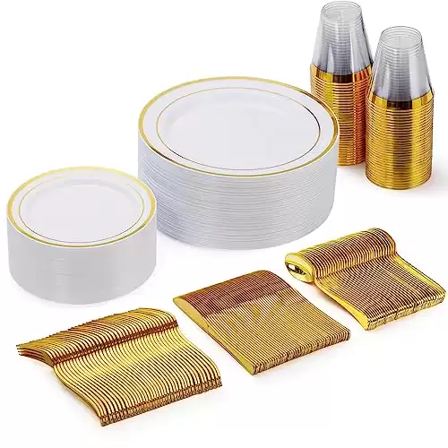 Goodluck 150 Pieces Gold Disposable Plates for 25 Guests, Plastic Party, Wedding, Dinnerware Set of Dinner Plates, Salad Spoons, Forks, Knives, Cups