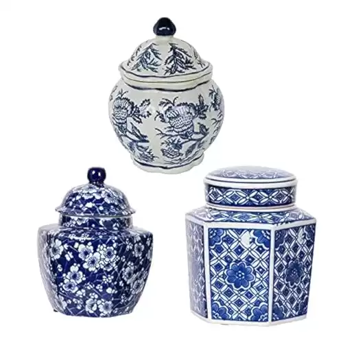 A&B Home Blue and White Vase, Porcelain Ginger Jars for Home Decor, Chinoiserie Vase for Bedroom Living Room Console Table Accent, Shelf and Tabletop Decor, Set of 3